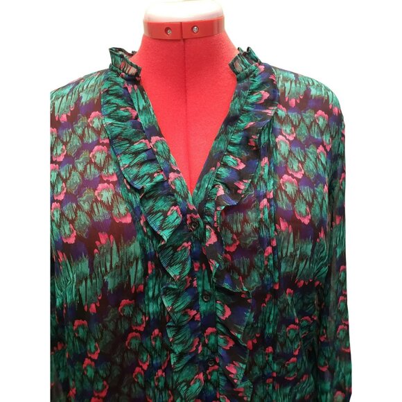 Attention Sheer Ruffled Button-Down Blouse, Pink Green Multicolor, Women's L - Picture 2 of 6